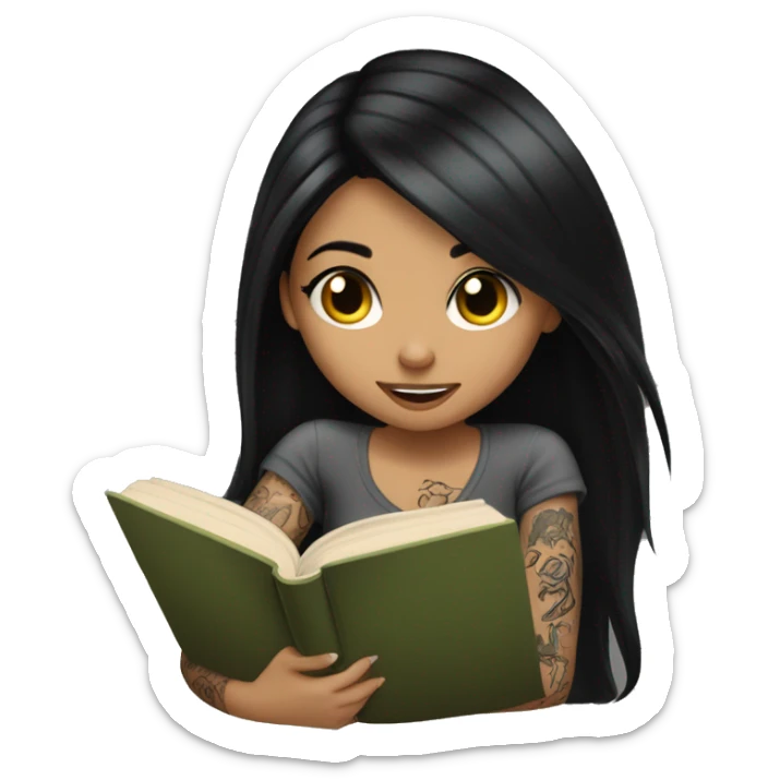 Girl with long black hair and tattoos reading a book wearing black  sticker