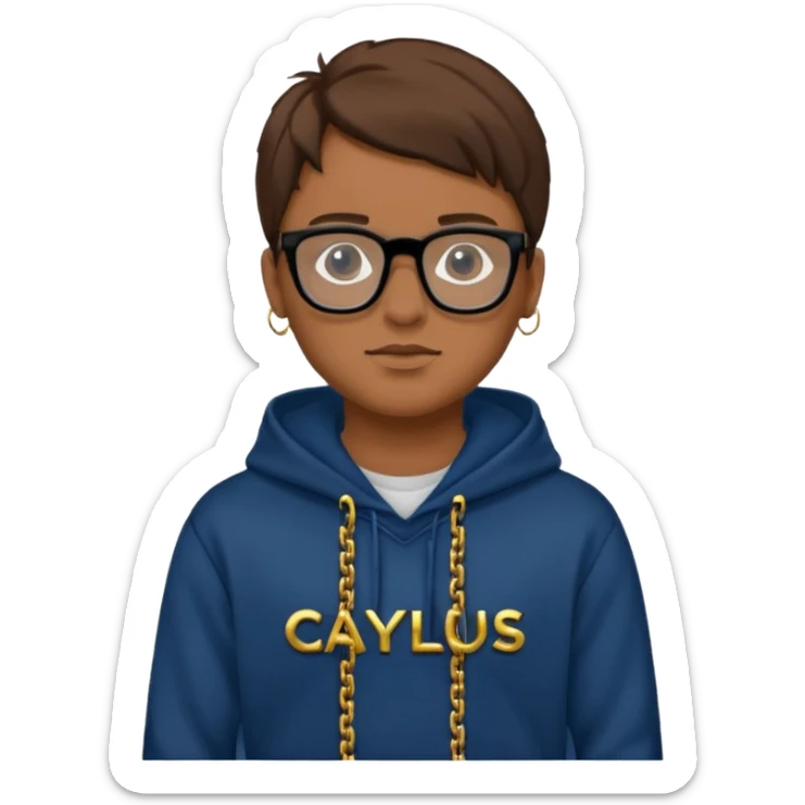 Brown hair with black glasses and the lends of glasses are black and a dark blue hoodie that says caylus kingdom with black pants and a gold chain sticker
