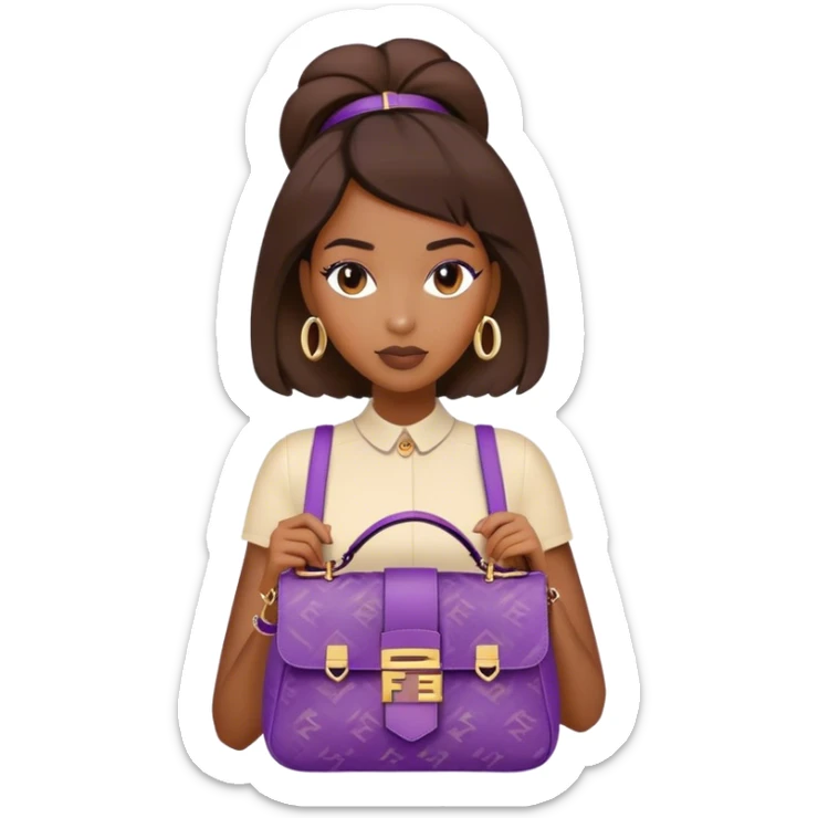 Beautiful black woman wearing a brown monogram fendi outfit and carrying a purple fendi baguette bag. I want the image to start at her head and end at the waist sticker