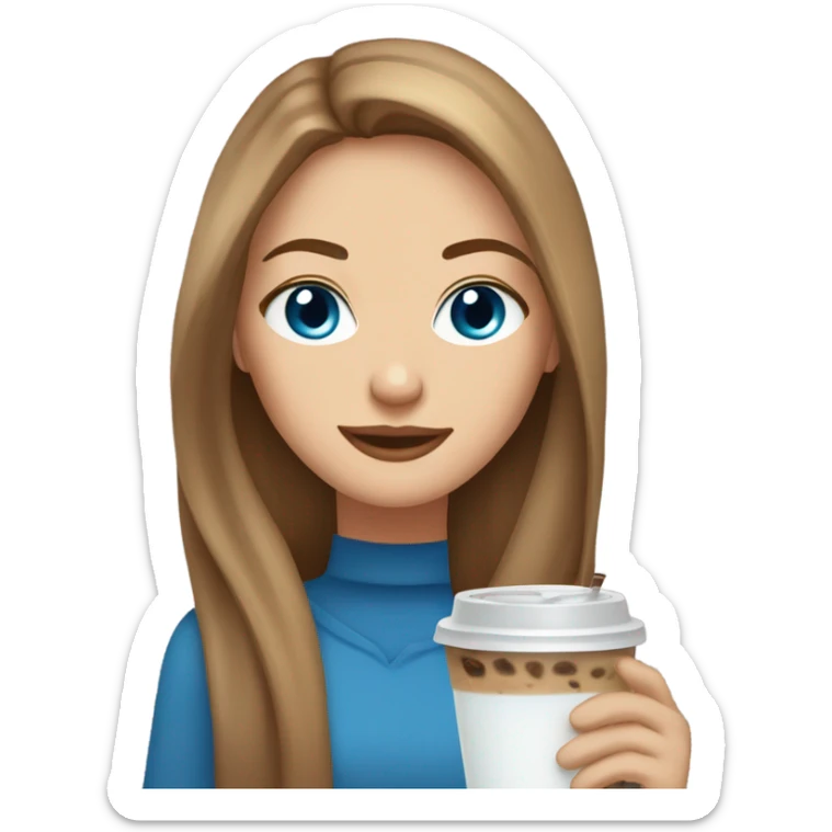 Beautiful woman, straight long light brown hair, blue eyes, cozy holding an iced coffee sticker