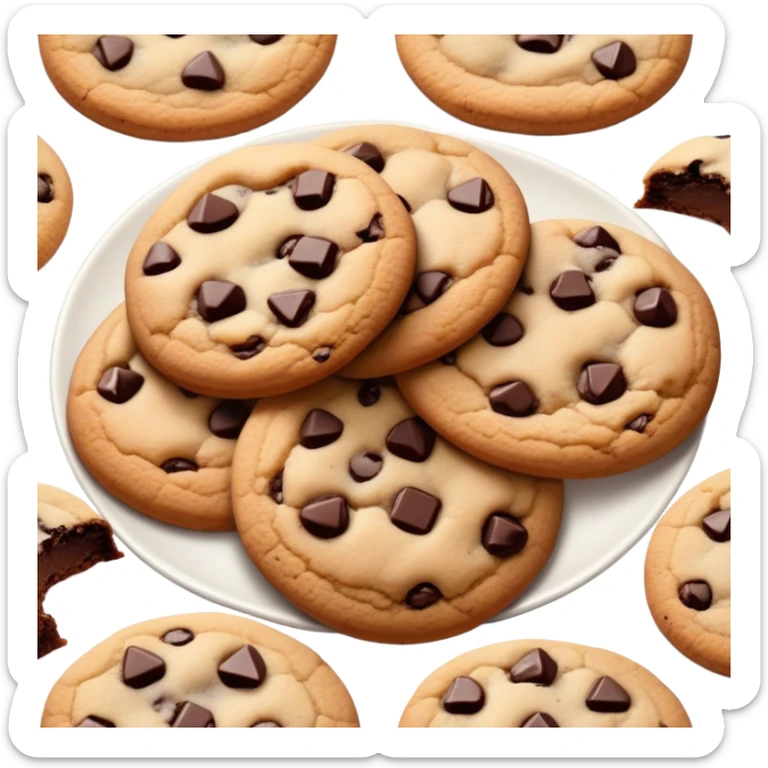 Cinematic Realistic Cookies Dessert Emoji, showcasing a plate of freshly baked cookies with gooey chocolate chips rendered with lifelike textures and warm, homey lighting. sticker