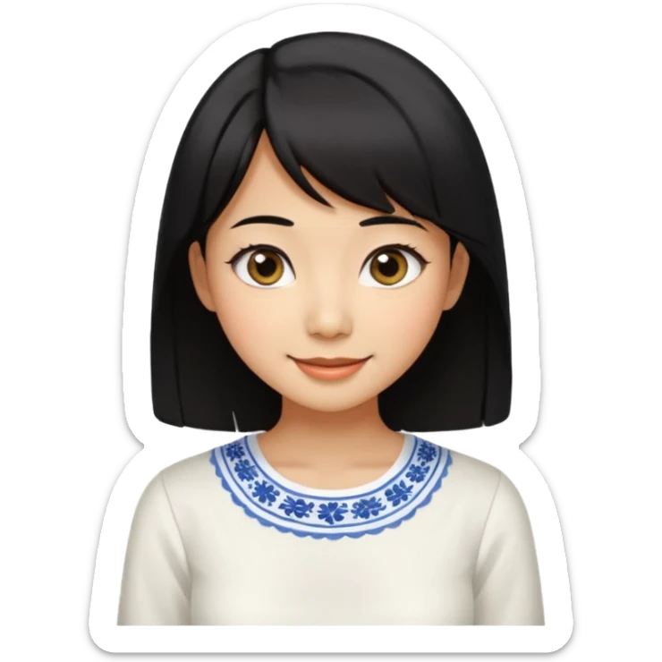 30 yr old asian woman center parted hair big eyes big smile tanned skin straight black hair hippie part hair white blouse shoulder length hair middle parted hair few short bangs at front sticker
