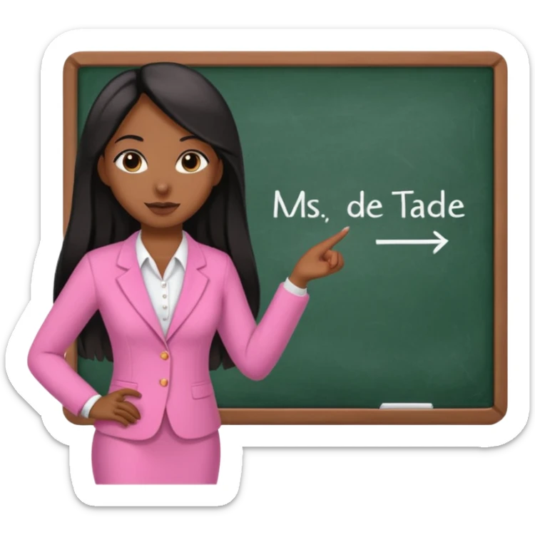 a brown skin teacher with hair with black straight long hair wearing pink not hot pink 2 piece set teaching up on a board the board says Ms. jade sticker