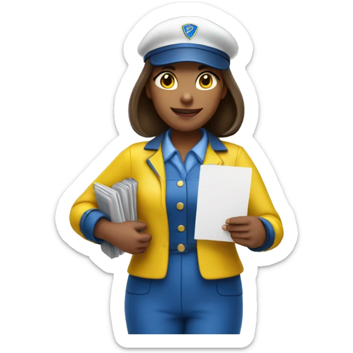 close shot of a postwoman wearing a yellow and blue uniform, holding letters in her hand sticker