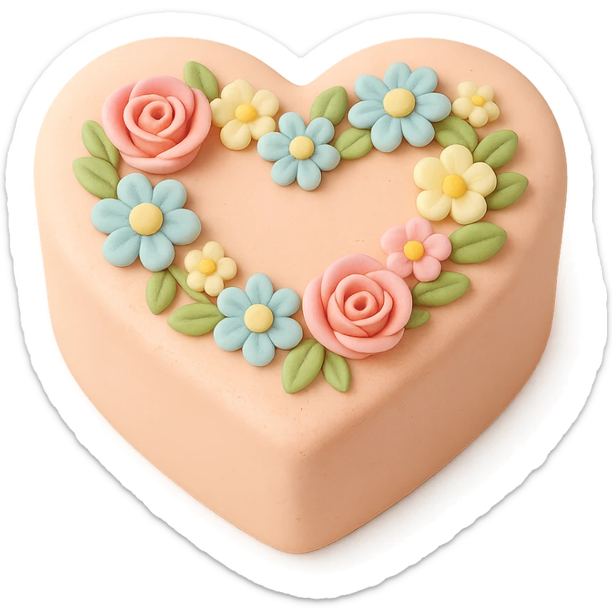 heart-shaped fondant cake with floral wreath, transparent background sticker