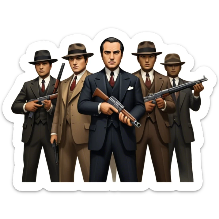 Vintage noir poster with Don Corleone surrounded by gangsters holding Thompson submachine guns. Background features New York skyscrapers, adding to the gritty, classic gangster film feel.  Dark and moody atmosphere with shadows, suits, and a mysterious vibe. Transparent background. sticker