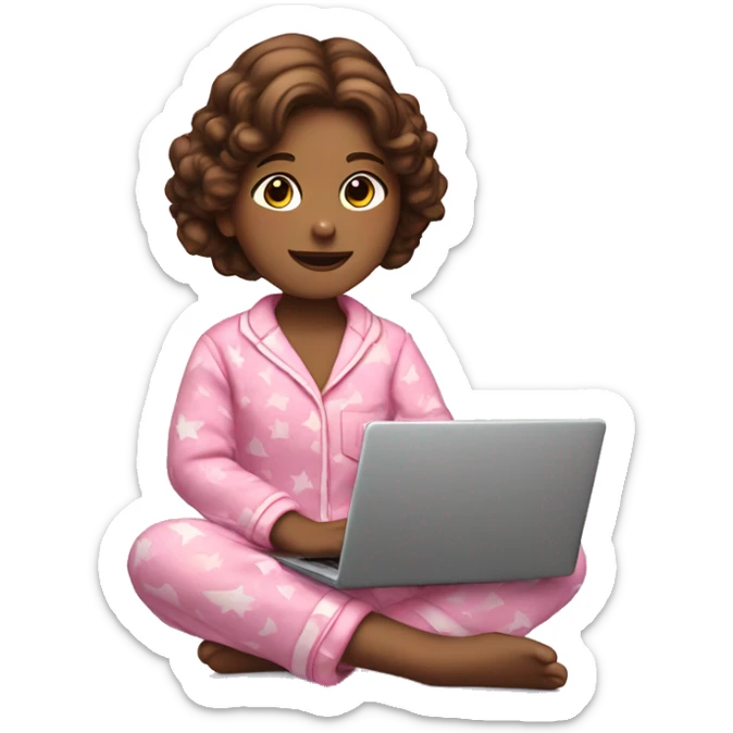 A girl with brown hair in pink plush pajamas is sitting with a laptop in her hands sticker
