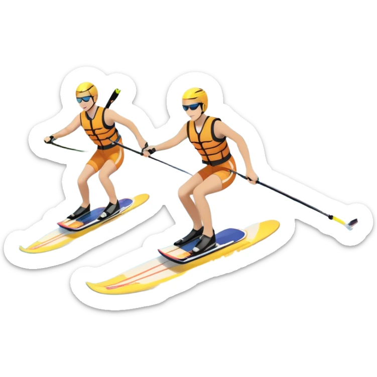A humanless icon showing a pair of water skis skimming across the surface of a lake, with a skier in motion. The design includes a wake behind the skier, splashing water, and the sun reflecting on the water. Transparent background highlights the speed and thrill of water skiing. sticker