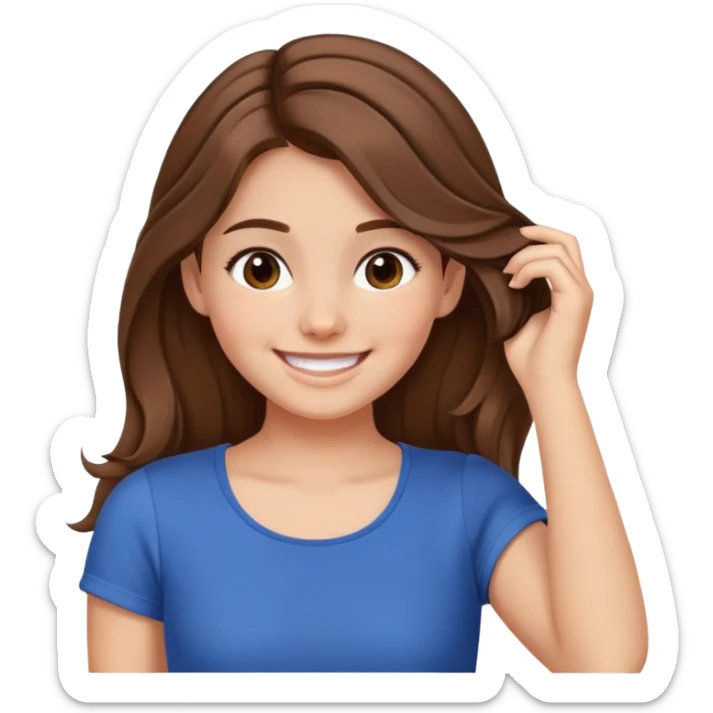 Smiling girl with brown hair and dimples with her hand on her hair and a big chest sticker