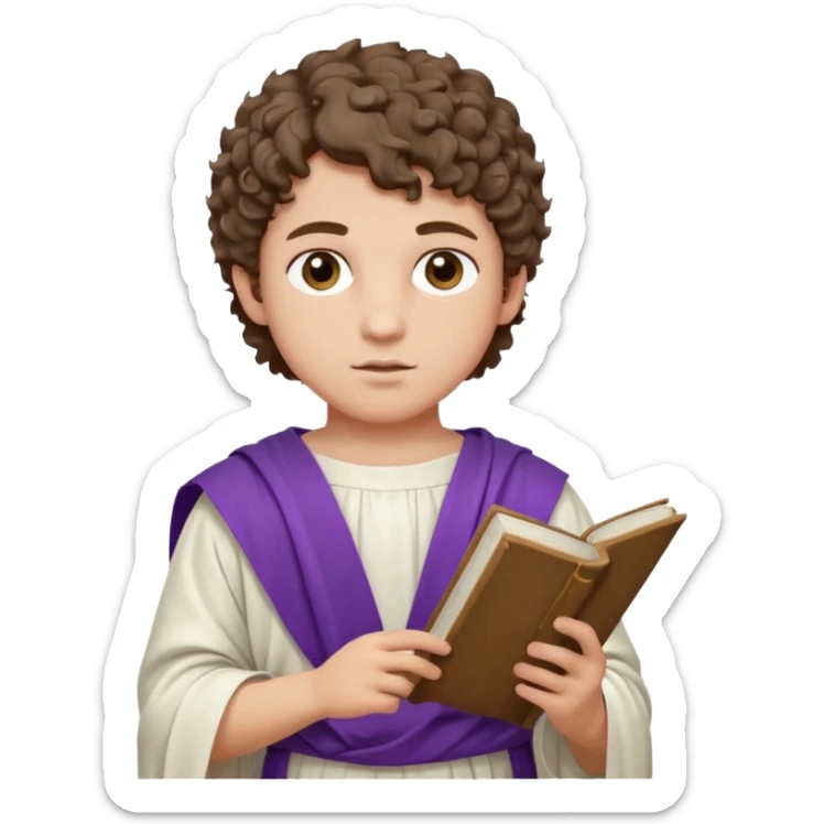 An emoji portrait of a young Roman patrician. He wears a white toga with a purple border. He has short curly hair and a dignified expression, holding a small scroll. sticker