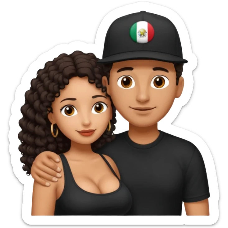 A picture of an embracing tanned couple. the man is a Mexican man with tanned skin, with a bald hair cut wearing a SnapBack hat and a black shirt. the woman wea, with long curly dark brown hair and with big boobs.  sticker
