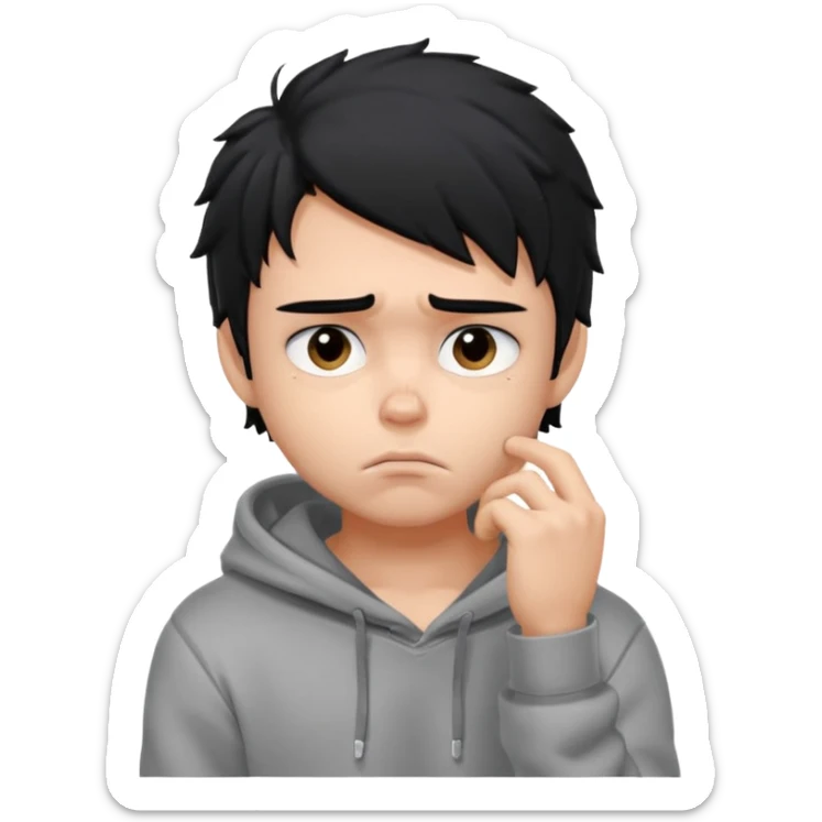 generate a pretty bratz fair skinned boy with messy black hair in a grey hoodie looking sad and bored with hand on chin. Make him muscled sticker