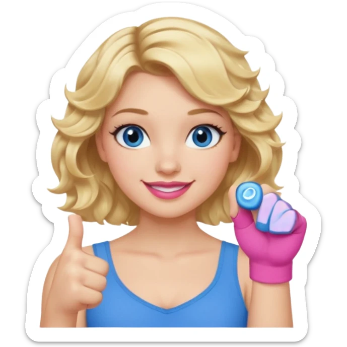 Girl Blonde short wavy hair,  blue eyes, cute blue top, long lashes, pink lips, smiling, 👊🏻 sticker
