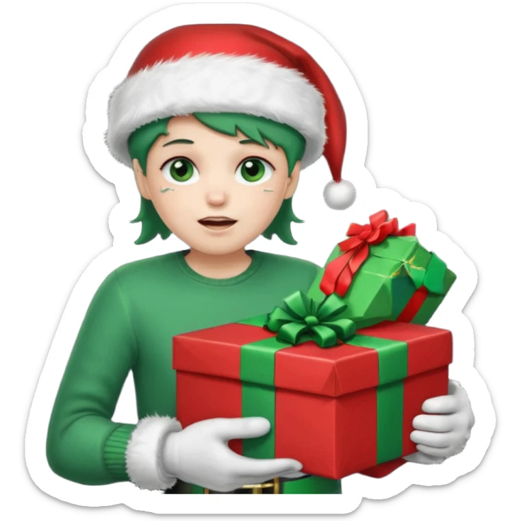 appears to be a naughty list with the words "NAUGHTY" written on top of it. It is sad with tears and wearing a Santa hat and has green boots and gloves. It is holding a present-looking chest in it's hands with coal inside. sticker