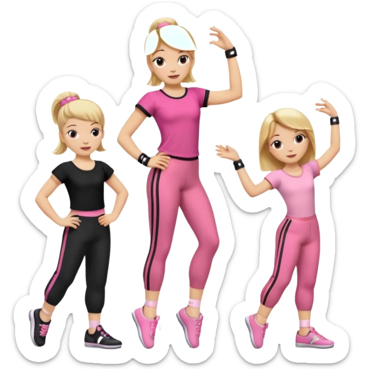 Hiphop dancer, with cute big pants, sneakers, and t-shirt. White girl blond. Coloufull shirt. No pocket pants. Dancing. Pink and black plain outfit. No sweatbands on the wrist, black music box behind her. Ballerina pose. with dancing kids behind her. With a music box sticker
