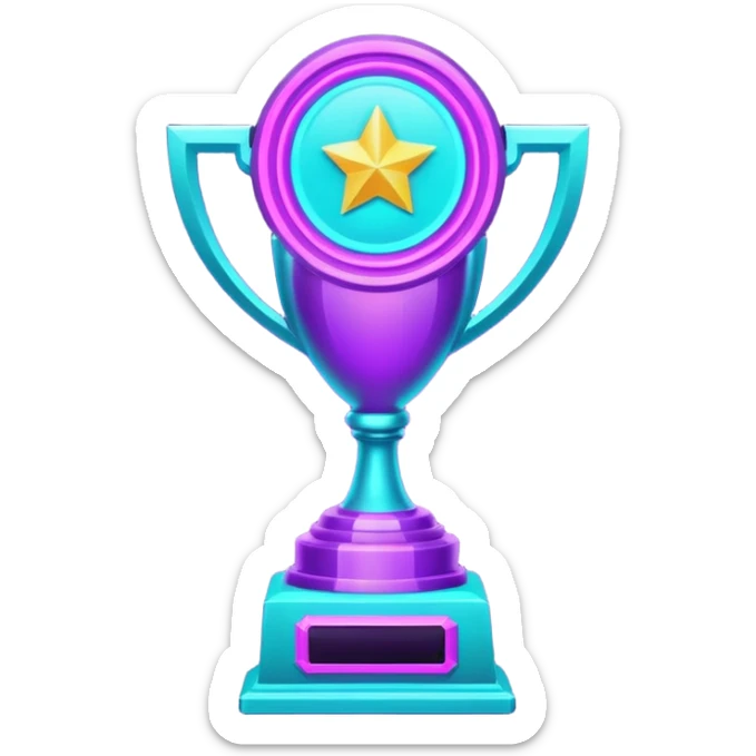 futuristic glowing neon trophy beside, purple and cyan glow, dark background sticker