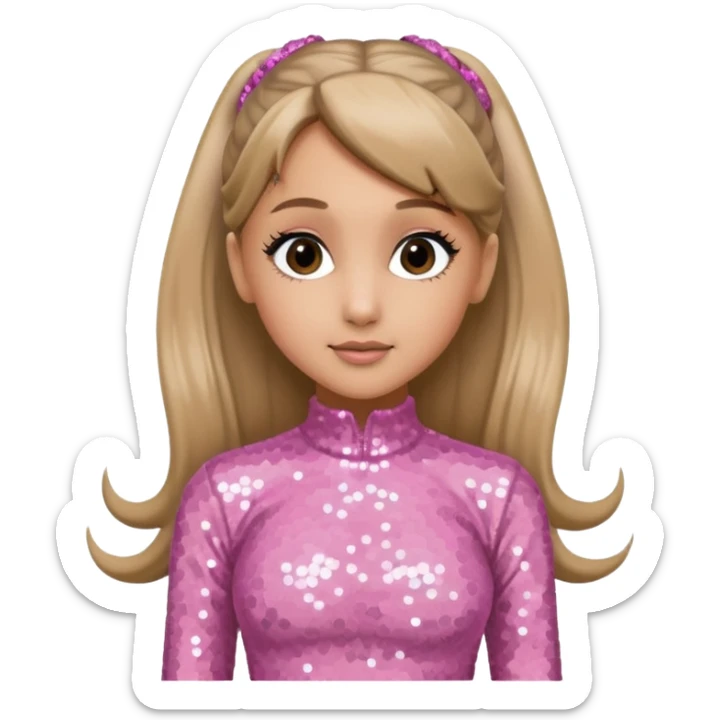 Ariana Grande with long dark blonde ponytail hair, light pink sequin outfit sticker