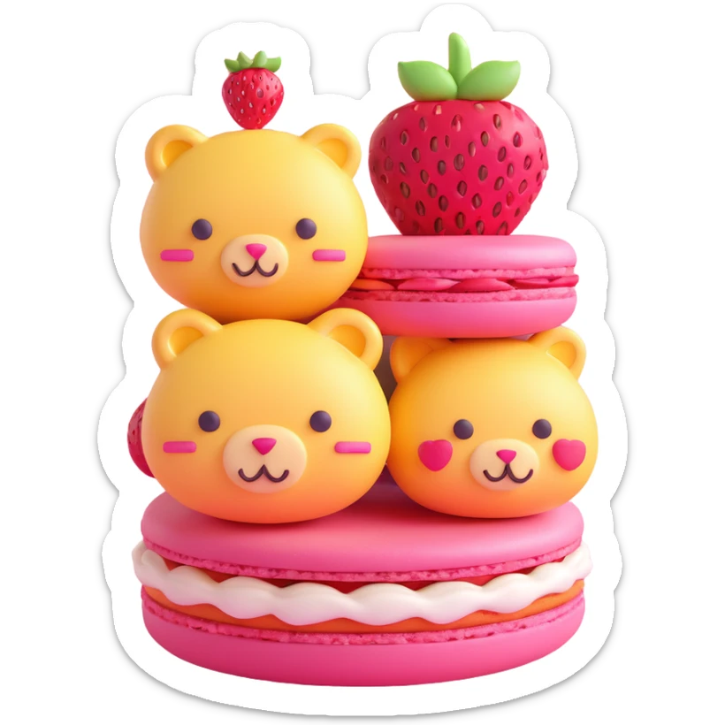 A 3D iOS style emoji of a pink macaron with a strawberry on top and three cute animals peeking out from between the layers. The macaron should have a glossy finish and soft shadows, with a light pink background and small yellow stars scattered around. sticker