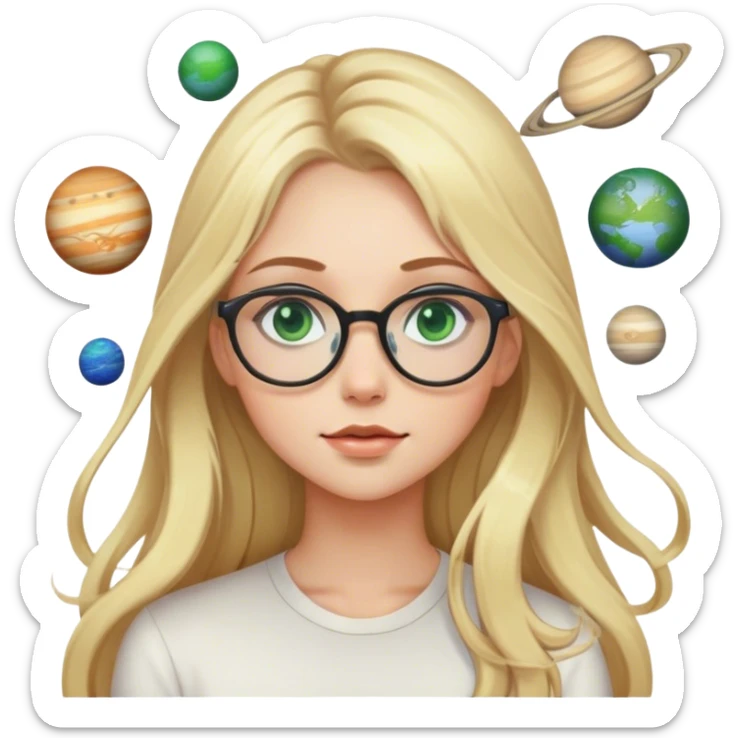 A blonde girl with long hair green eyes and glasses with many planets around her sticker