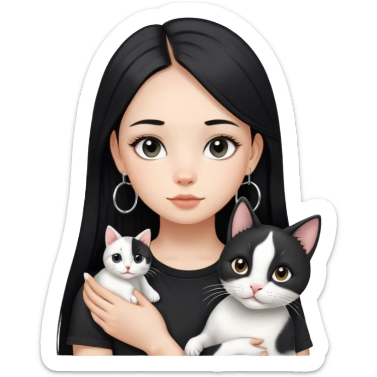 A girl with long straight black hair has upward-slanting eyeliner. She is wearing large silver hoop earrings, a black t-shirt, She is holding a  piebald cat with a black face  sticker