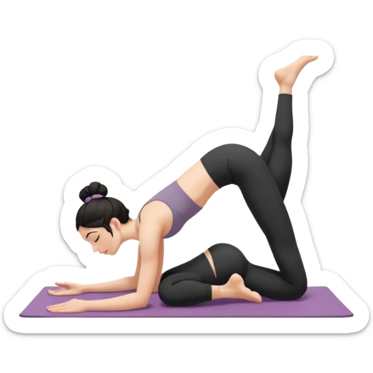 white girl with black long hair in a messy bun doing yoga position - downward facing dog sticker