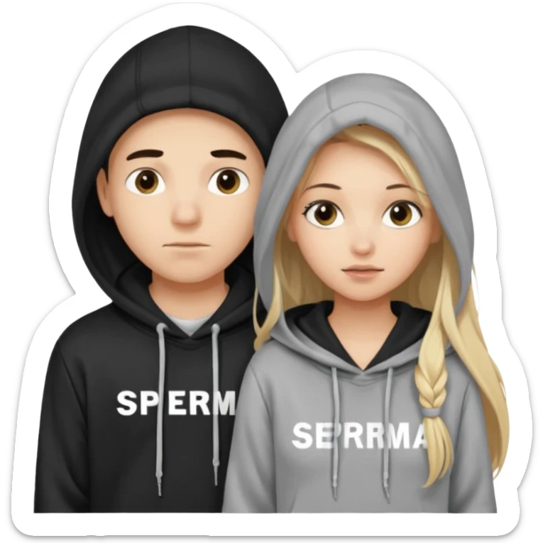 chce by to byla taka emotka 🙍‍♂️
chlopaka z czarnymi losami i czarna bluza z białym napisem "sperma" na srdoku.  zeby za nim stala taka ladna blondynka z dlugaimi wlosami i ona ciagnie za sznurek od
kaptura od bluzy tej pierwszej osobyl. dziewczyna ma szarą bluze sticker