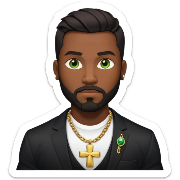 green eyes, dark short hair, muscular shoulders, wide cross, gold chain, big lips big nose big eyes, masculine good looking, dark beard wearing a suit sticker