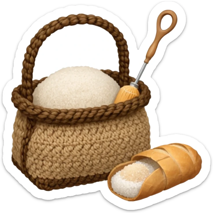  a one victorian bottle of salt and a loaf of bread - a bread bag, crochet needles and a ball of wool sticker