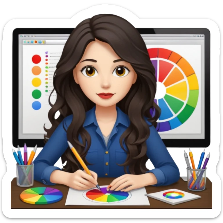 female dark wavy long hair graphic designer , color wheel, pens, papers , desktop sticker
