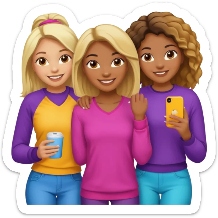 black woman with blonde hair and brunette friends sitting close together, smiling sticker