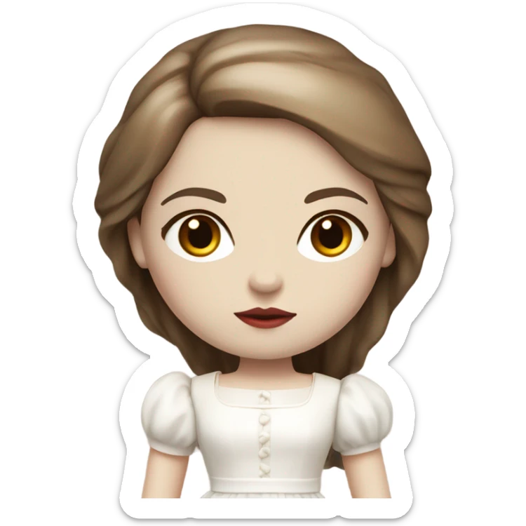 Doll with brown straight hair, wearing a white dress with red details and a serious expression. She has pale skin and a classic porcelain doll appearance. sticker