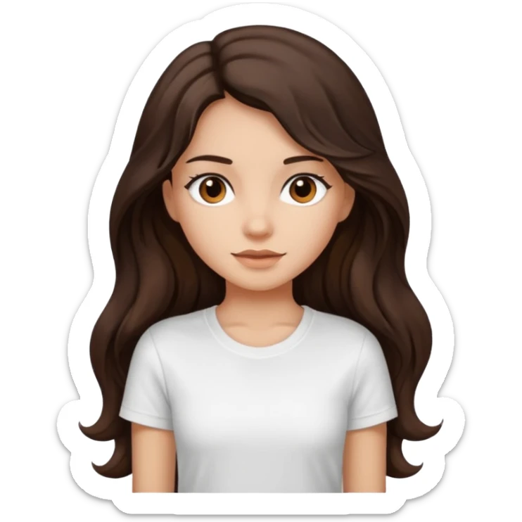 iOS style emoji. A girl with very long dark brown wavy hair. And the eyes color is dark brown. And she is wearing white t shirt  sticker