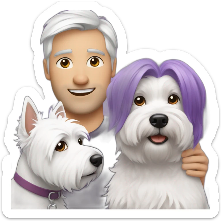 Family picture woman with purple hair and man with dark brown hair and no beard or mustage and happy West Highland White Terrier sticker