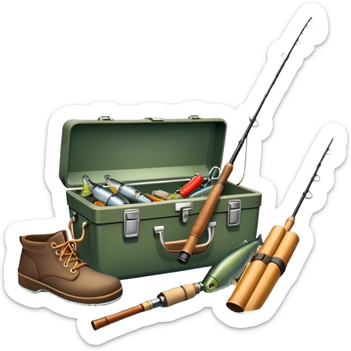Icon for Fishing: a boat on the shore of a peaceful water body with a beautiful natural landscape, a fishing tackle box, a spinning rod, and boots nearby. The icon should capture the tranquility and gear of a fishing adventure. Without frame. Transparent background. sticker