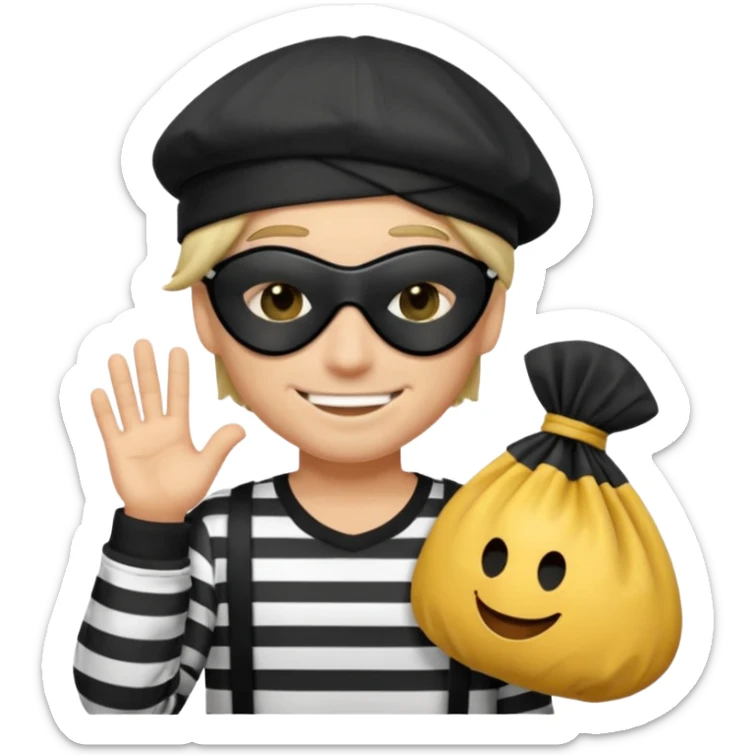 a short ios emoji-style portrait of a classic burglar, a black eye mask (looks like a blindfold) and a black-and-white striped shirt. emoji-like hair, black hat, ONE bag of money 💰 with a dollar sign in a right corner sticker