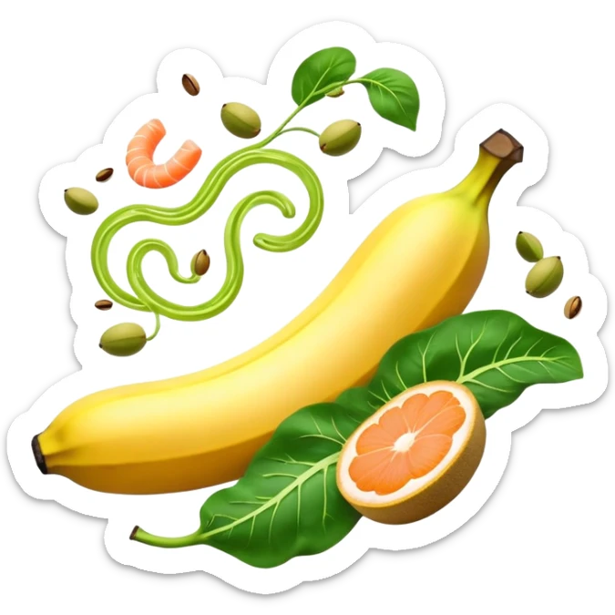 Golden banana, bright green spinach, salmon, kiwi, pistachios, and orange juice floating around a glowing nervous system and heart. Electrical waves connect these potassium-rich foods to nerves, heart and muscles, showing how they support electrical stability in the body. sticker