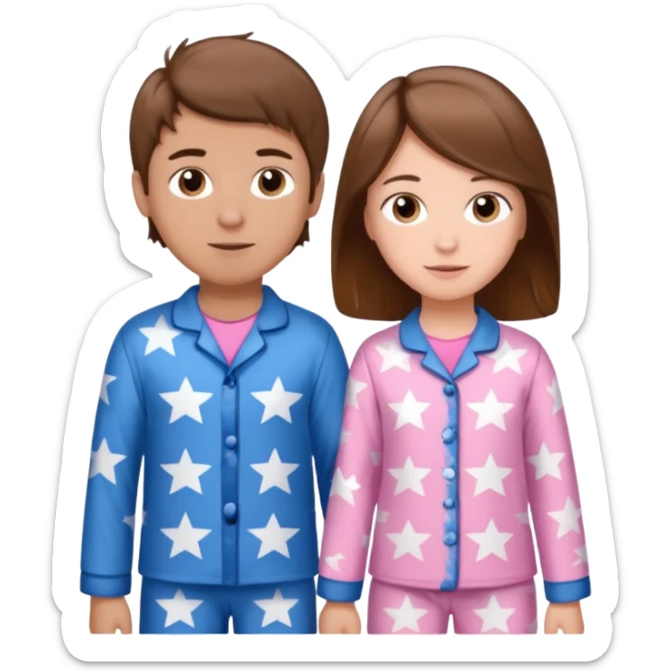Brown haired boy with blue pajamas with stars on them and a brown haired girl with pink pajamas, and stars on them sticker