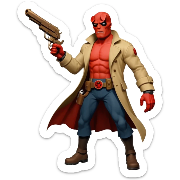 cinematic realistic superhero Hellboy by Mike Mignola jumps with a bronze pistol sticker