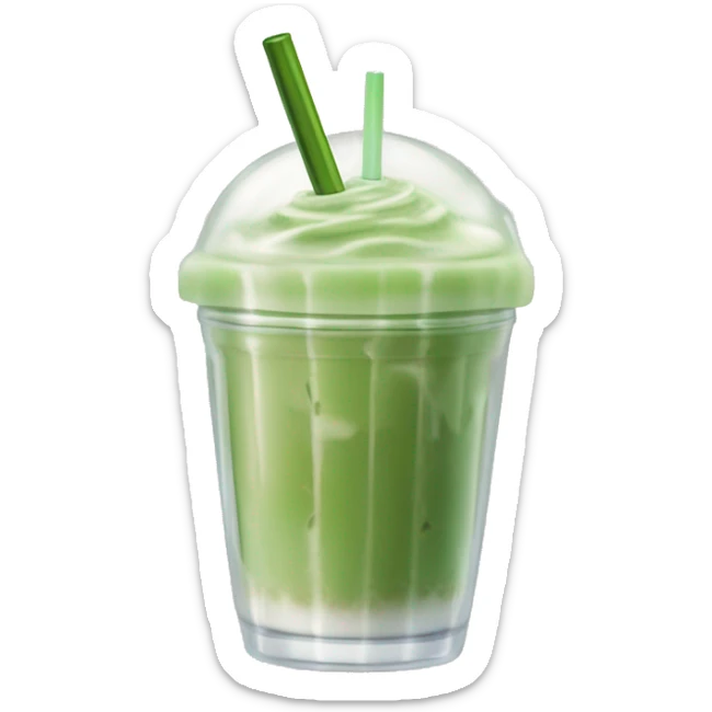 Fresh looking iced Matcha Latte with a Glass Straw and in a glass cup which looks like a plastic cup sticker