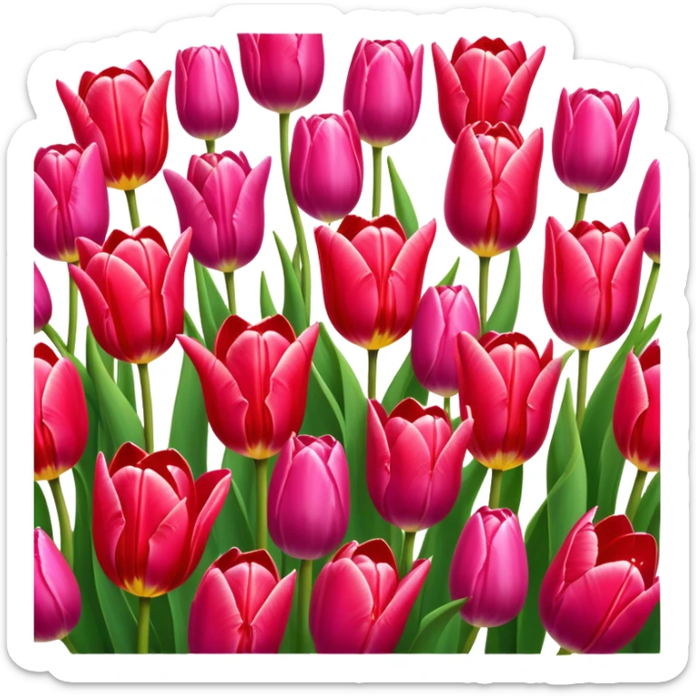 Tulips – Cinematic Realistic Tulips, depicted as a vibrant field of blooming tulips in brilliant hues, each delicate petal catching dewdrops under soft, natural spring light, rendered with detailed textures and a dreamy, picturesque glow. sticker