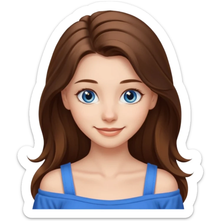 Icon of a beautiful girl with long brown hair, blue eyes, and a nice hairstyle, wearing a nice top that shows her collarbones sticker
