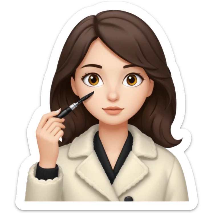Garota branca de cabelos levemente ondulados castanhos escuros médio aplicando máscara de cílios, ela veste casaco off white estilo cozy sticker