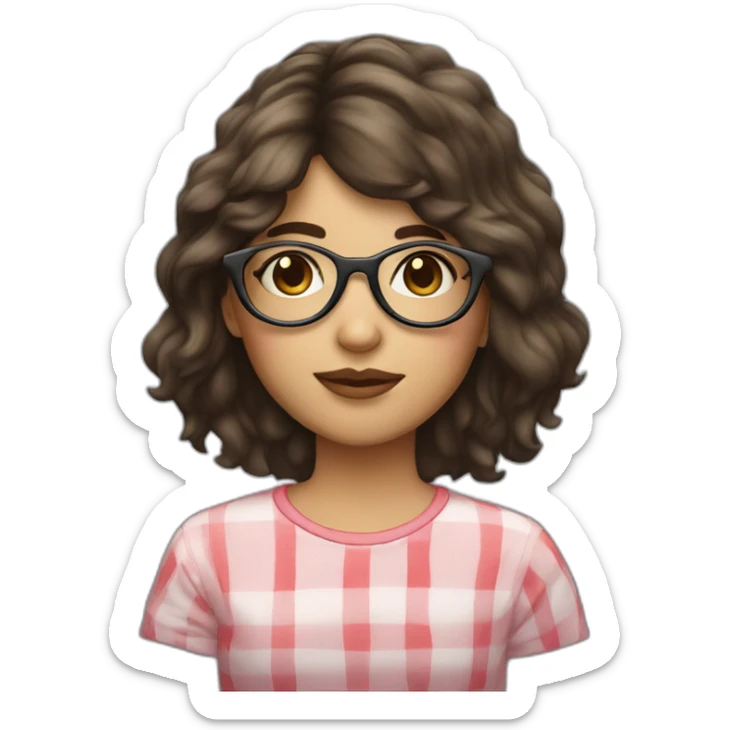 Brunette girl with circle glasses and mullet long hair and a strawberry sticker