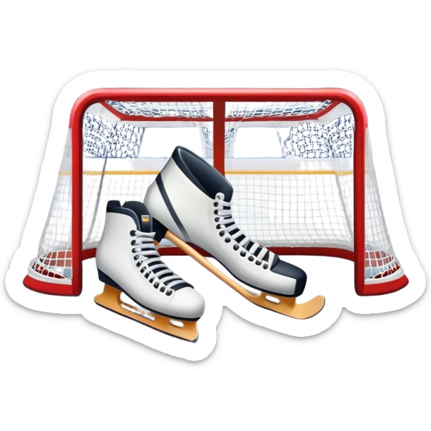 An icon showing a close-up of a hockey stick, puck, skates, and hockey net placed on the ice. The background features a packed stadium with bright lights, cheering fans, and snowy scenery outside. Transparent background highlights the key elements of the game. sticker