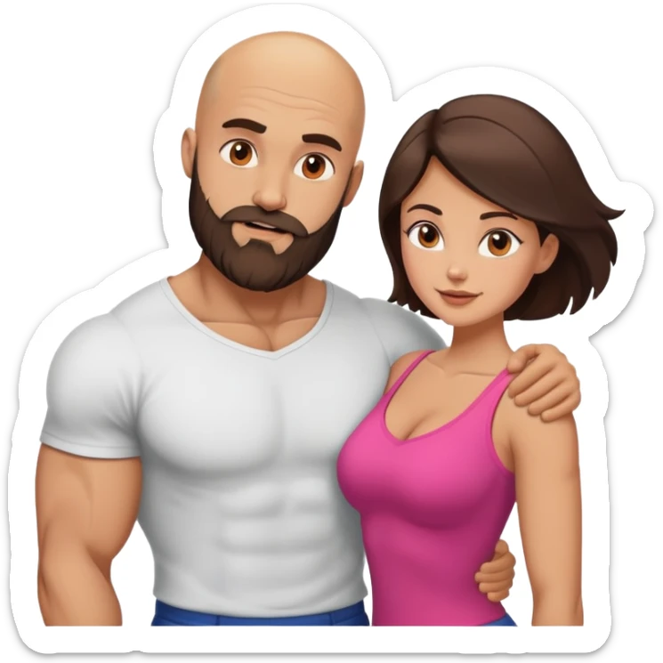 Muscular Bald man with a beard crazy in love with his young brunette wife  sticker