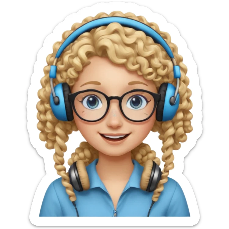 blond kid with unique face features and very curly hair kid girl happy and big glasess and big nose and very blue eyes with freckles kind of nerd looking and headphone wearing sticker