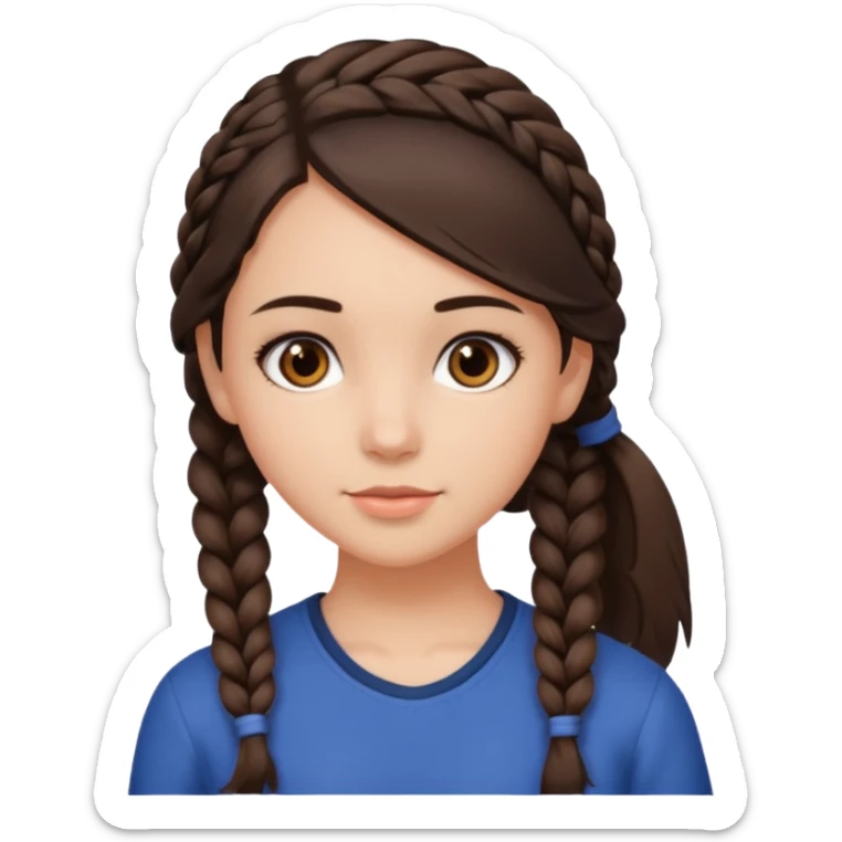 Draw me a brunette girl, with medium-length hair, dark brown eyes, and a side braid sticker