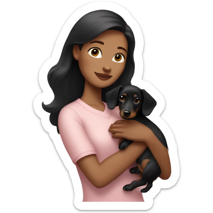a brunette woman in a light pink shirt, with light skin, holding black dachshund puppy in her arms lovingly sticker