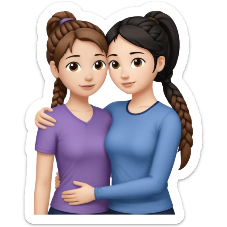 Comforting Hug two white skin women, one shorter woman with brown hair in simple top ponytail, not braided, and one taller woman with black hair in long side braid sticker