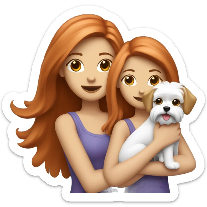 two girls, one brunette and the other blonde, are holding a red-haired maltese dog sticker